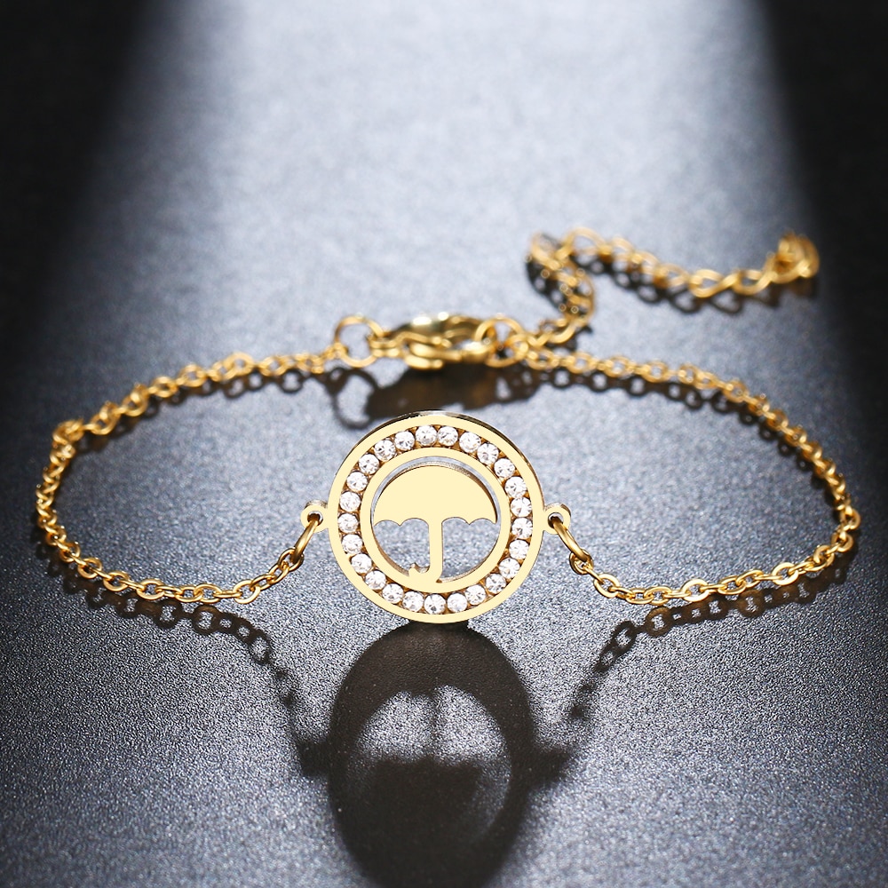 CACANA 316L Stainless Steel For Women Crystal Bracelet Simple Umbrella Round Bracelets Gold Color Engagement Jewelry