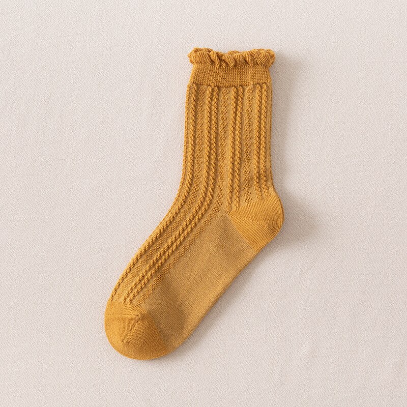 Frilly Ruffle Socks Japanese Style Kawaii Cute Cotton Woman Socks Harajuku Retro Casual Solid Color White Black Beige Crew Socks: Yellow