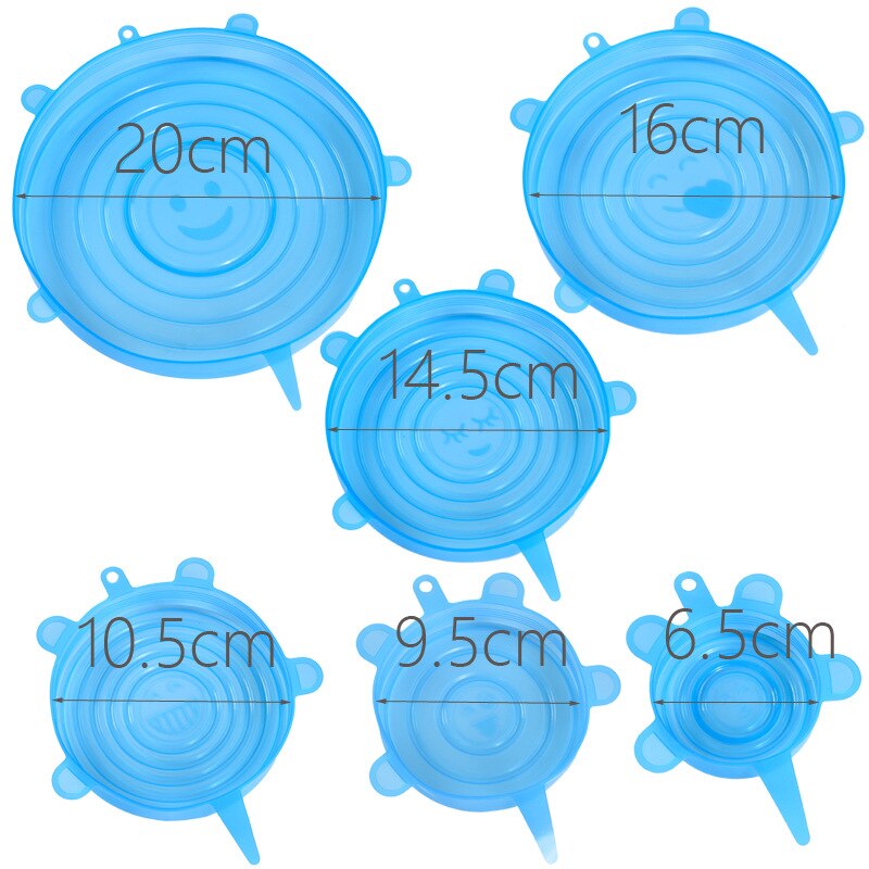 6Pcs Herbruikbare Silicone Voedsel Cover Stretch Deksels Universele Voedsel Wrap Cover Voedsel Verse Houden Siliconen Caps Rekbaar Lip: blue