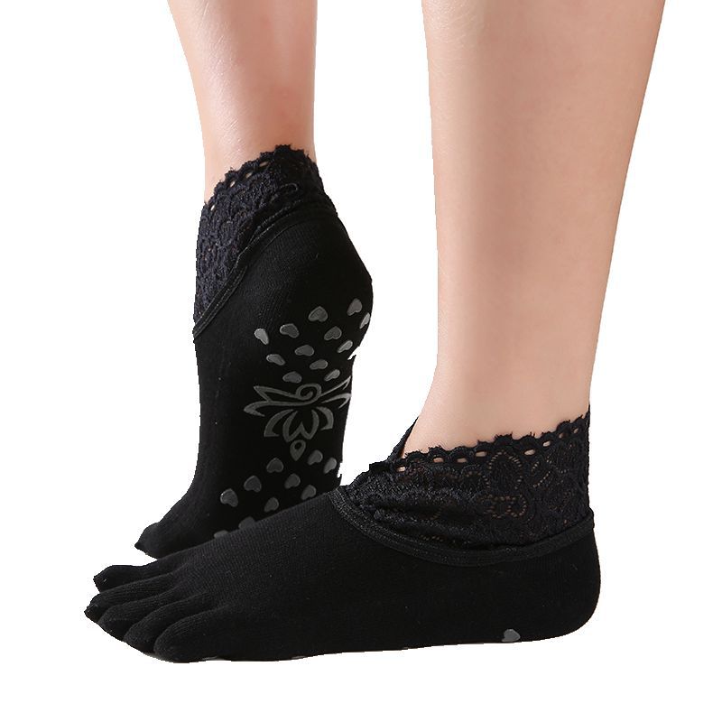 1 pair Women Yoga Five Toe Anti-Slip Ankle Grip Socks Dots Pilates Fitness Gym Socks Ladies Sports Socks With Lace: B Black