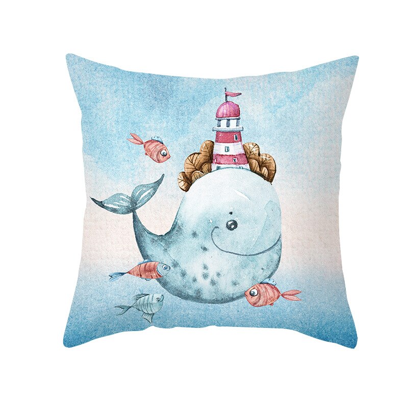 Taie d'oreiller de chambre à coucher pour bébé, 45x45cm, forme géométrique, fond de mer bleu océan, motif étoile de mer, dauphin: 7