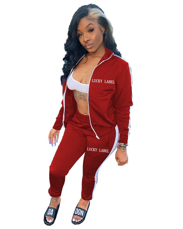 Lucky Label 2 Piece Set Women Sportwear striped Outfits Zip Top Leggings Pants Matching Set: Red / S