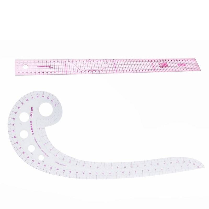 Juego de: costura a medida 54 Cm regla recta métrica de doble cara compartida transparente rosa y 11,8 pulgadas forma de Coma larga de plástico Tr