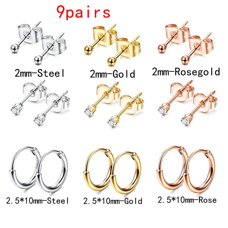 9 Paare/18 stücke edelstahl 2mm kleine ohrringe damen männer runde knorpel ohrringe einstellen: 1 einstellen-9Paare