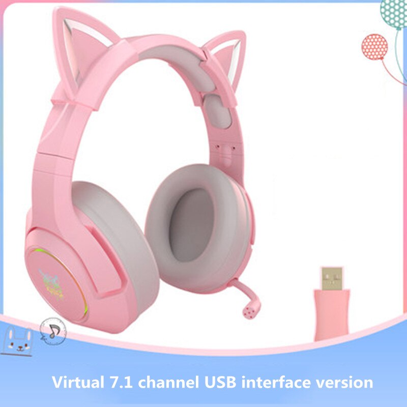 （original box）onikuma  k9 pink cute cat ear hovedtelefon med mikrofon gaming headset og støjreducerende med led lys: Pink -7.1 usb port