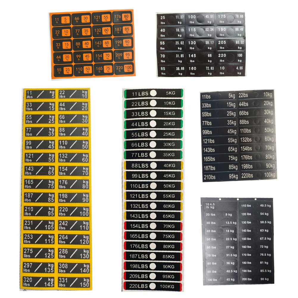 Etiquetas de pila de pesas para equipos de gimnasio, 5-100/150kg, 4,5-90kg, 6,83-100kg, pegatinas de placa de peso con agujeros para pasadores, piezas de máquinas de Fitness