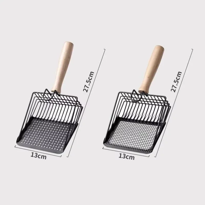 Kattegrusske med ergonomisk håndtag og krog holdbar metal finmasket sigteskovl til rengøring af katteaffald til kattebakken