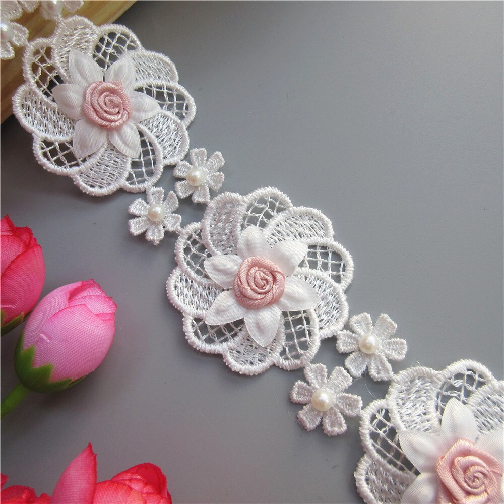 10X5Cm 3D Parel Roze Bloemen Geborduurde Kant Trim Lint Patches Applique Stof Diy Trouwjurk Naaibenodigdheden craft