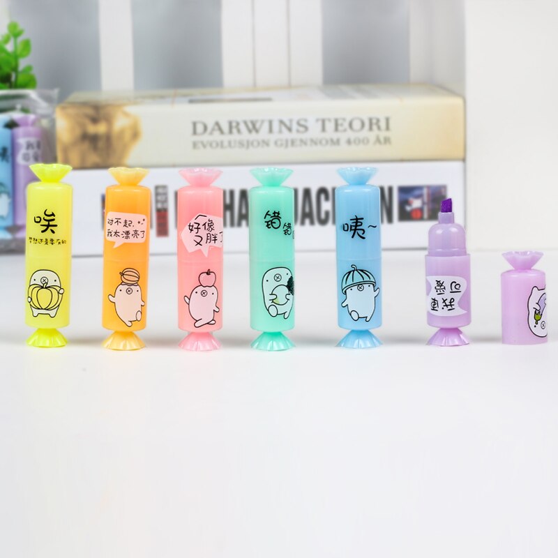 6 stk godteri fluorescerende highlighter assortert neonfarger tekstmarkør fargelegging diy til kontorskoleelever låve