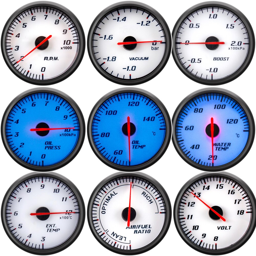 60mm Tachometer Boost Voltmeter Air Fuel Ratio EGT Gauge Vacuum Water Temp Oil Press Oil Temp Car Gauge for 12V Car Blue Backlig