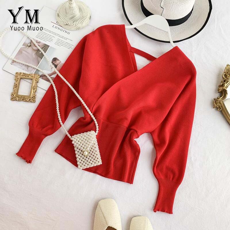 Yuoomuoo god blød sweater dame v-hals lang flagermusærme strikket pullover dame outfit sweater sweater top: Rød