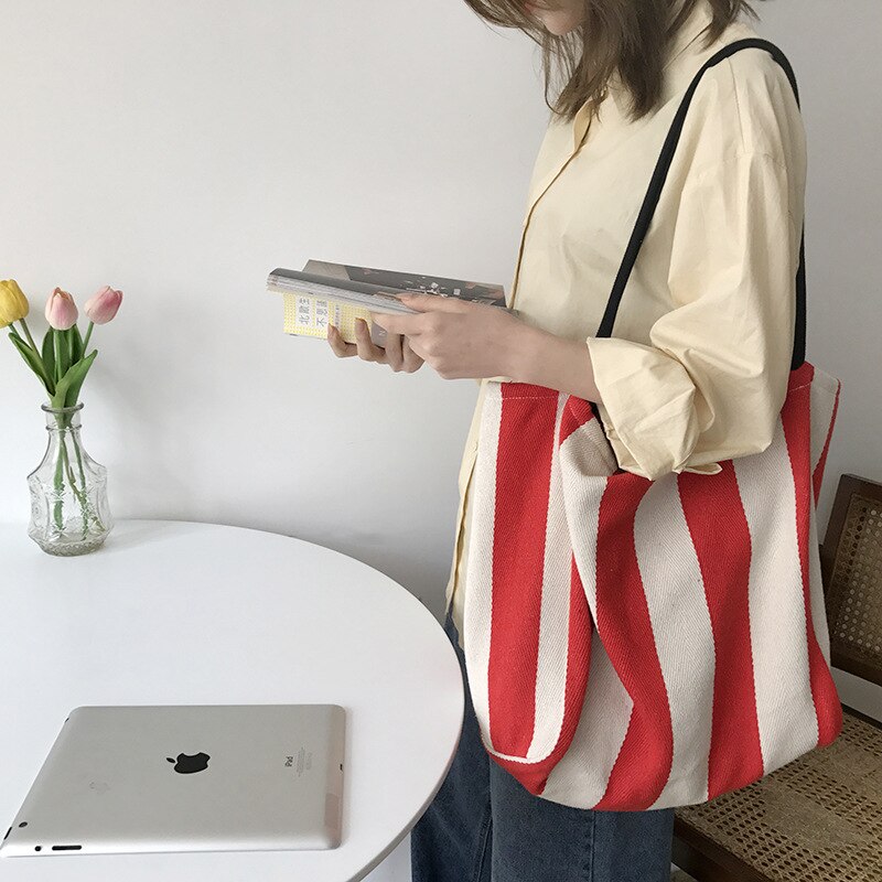 lässig gestreiften große kapazität totes frauen handtaschen leinwand damen schulter umhängetasche weiblichen groß einkaufen geldbörsen 2002