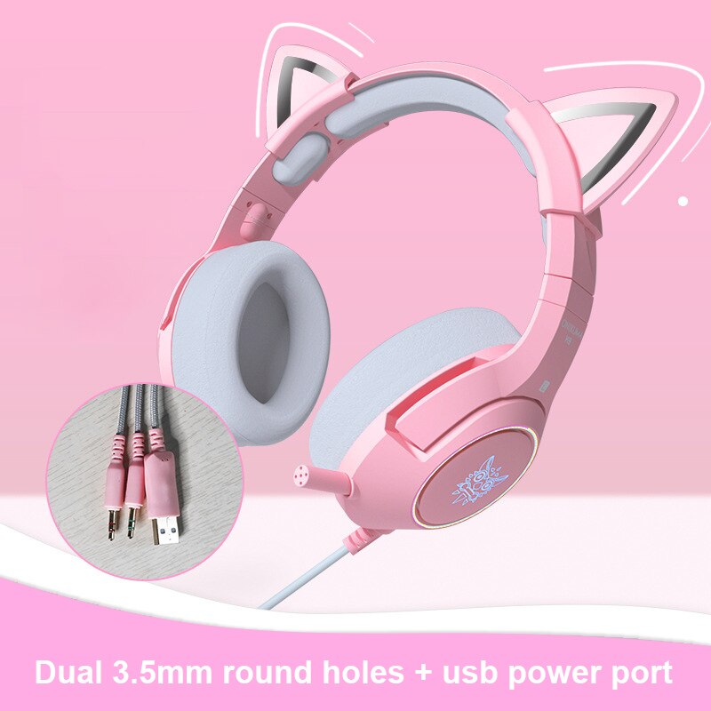 Onikuma K9 Pink Cat Ear Headset Headset Cute Girl Heart Gaming Gaming Headset Comfortable Leather Earmuffs Cat Ears Girl Headset: 3.5mm USB