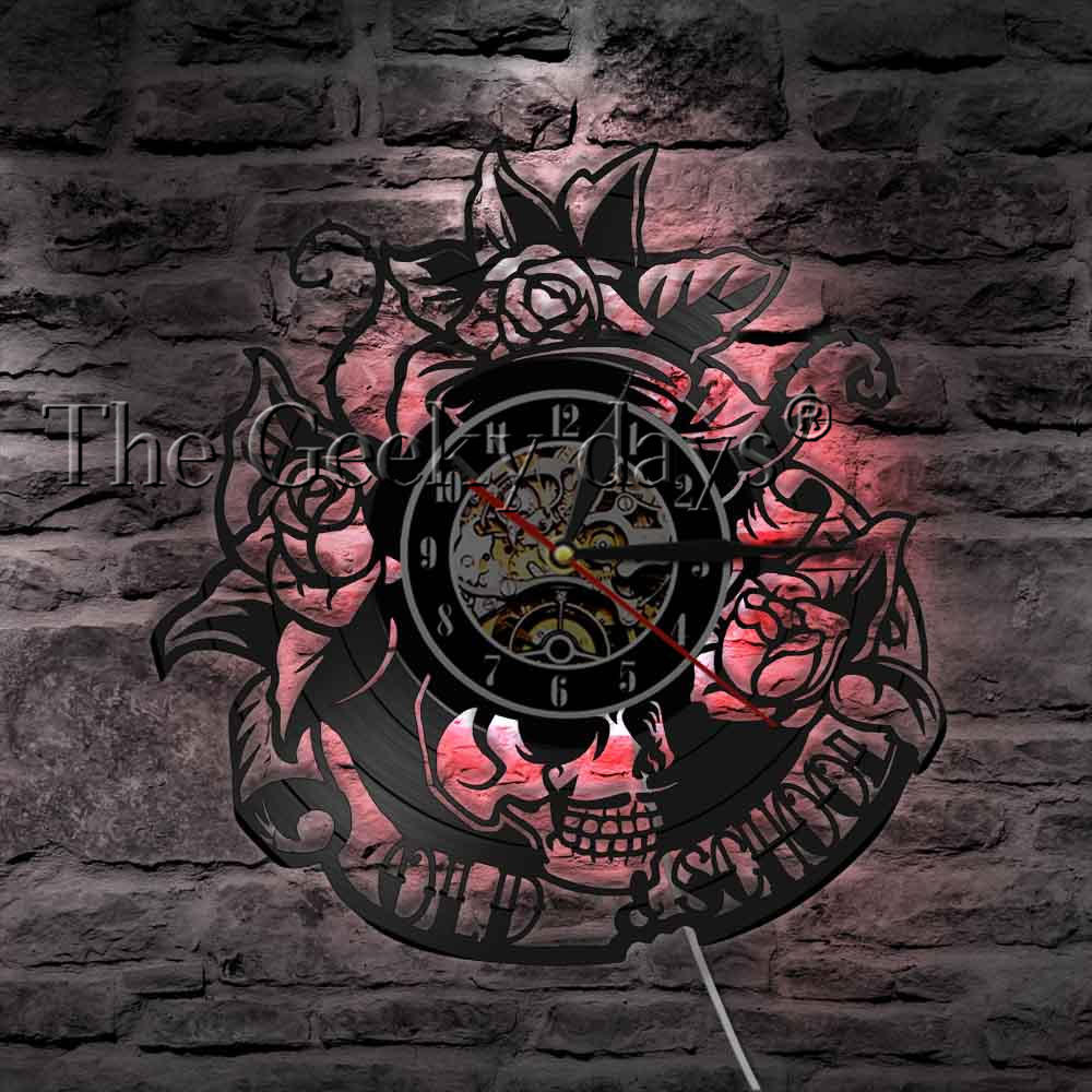 Cd vinil registro relógio de parede do vintage antigo estilo escola preto decoração da casa relógio de parede led crânio flores rosas para tattooist presente