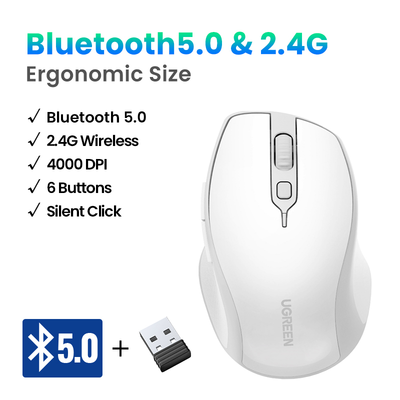Mysz bezprzewodowa UGREEN mysz Bluetooth 5.0 ergonomiczna 4000 DPI cicha 6 przycisków dla tabletu MacBook mysz do laptopa cicha mysz 2.4G