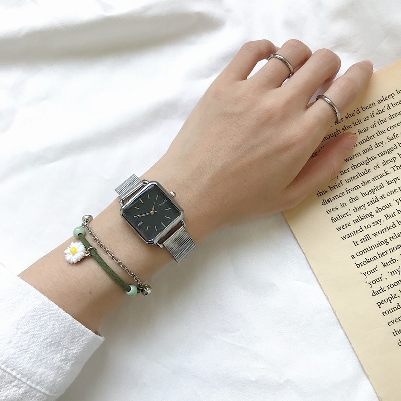 Vrouwen Mode Vierkante Horloges Minimalistische Dames Quartz Wrsitwatches Ulzzang Goud Zilver Rvs Mesh Band Klok