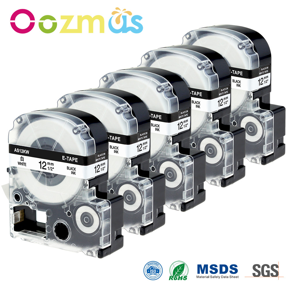 Oozmas Label Tape 5 pieces Compatible for Epson Label Works Label Maker Tape Cassette LC-4WBN SS12KW Black on White Great Ribbon