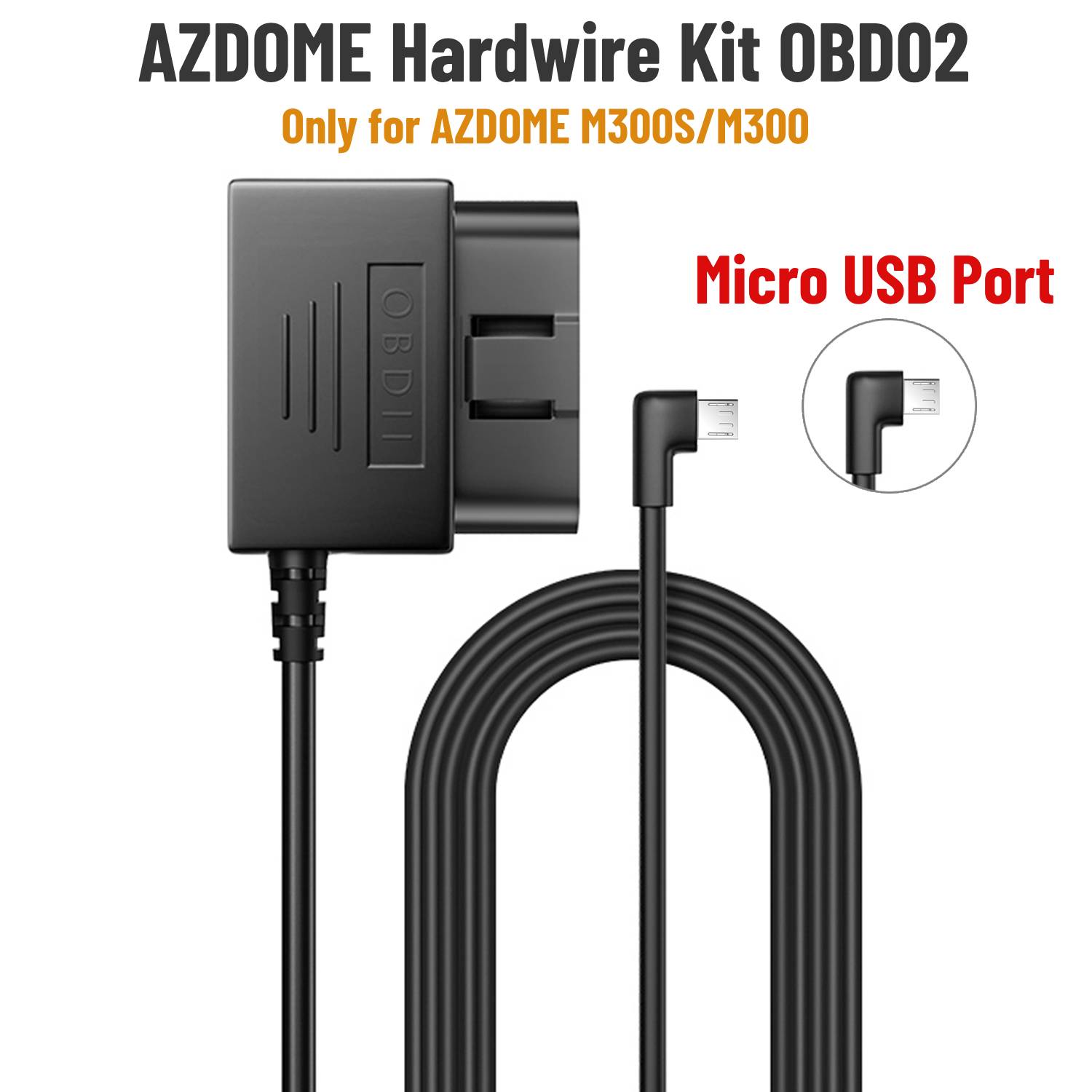 AZDOME Hardwire Bausatz OBD für AZDOME M550 M300S Bindestrich Nocken Parkkabel Mikro USB Hafen/Mini USB Hafen/Typ C Hafen 24H Parkplatz Monito: Schwarz