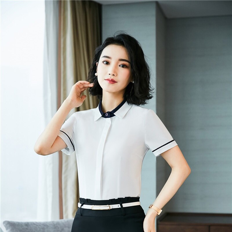 Summer Formal Women Blouses & Shirts Gray With Tie Short Sleeve Ladies Office Uniform Styles Blouse Female Clothes