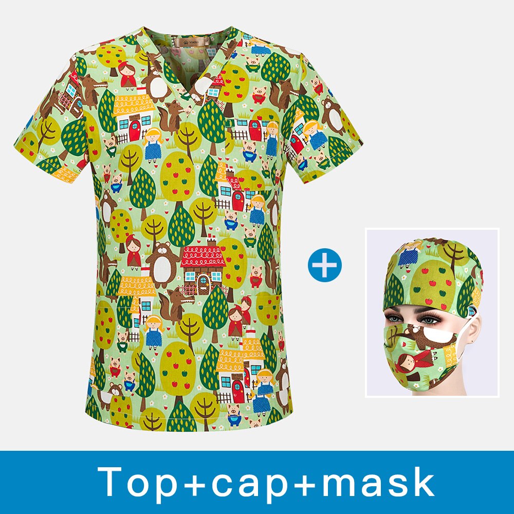 Ren bomuld print behagelig åndbar spa uniform scrub dame arbejdstøj top + justerbar tegneserie tryk scrub cap: Top cap maske / Xxl