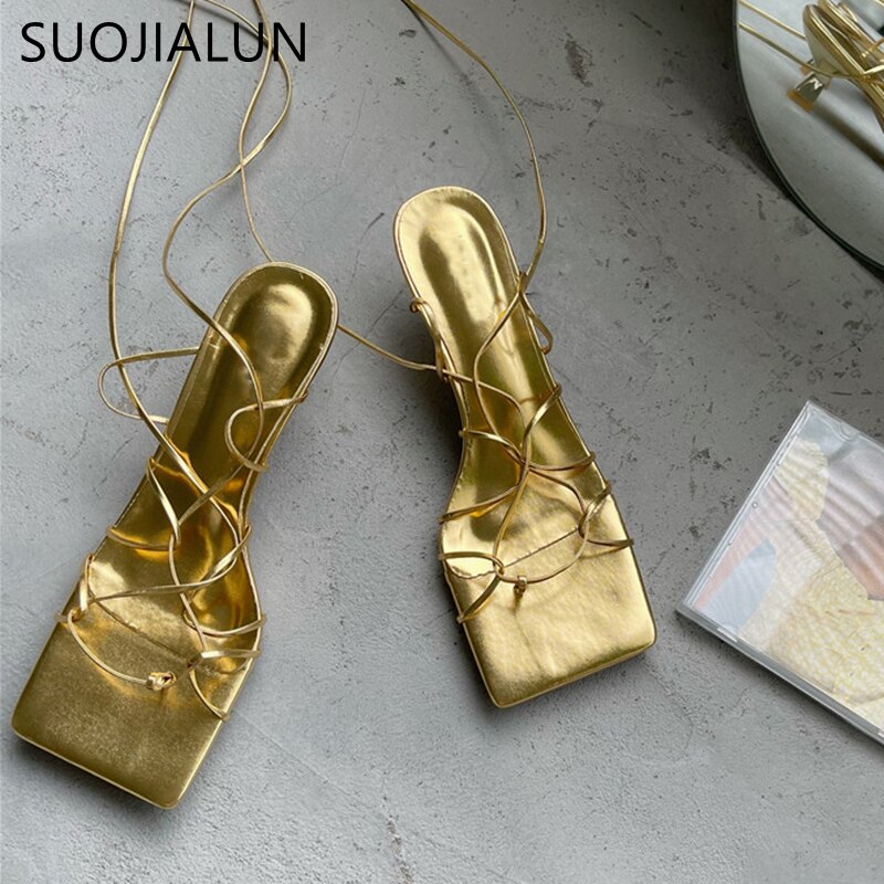SUOJIALUN Women Sandals Thin Low Heel Lace Up Rome Sandal Summer Gladiator Casual Sandal Narrow Band Shoes Big Size 40