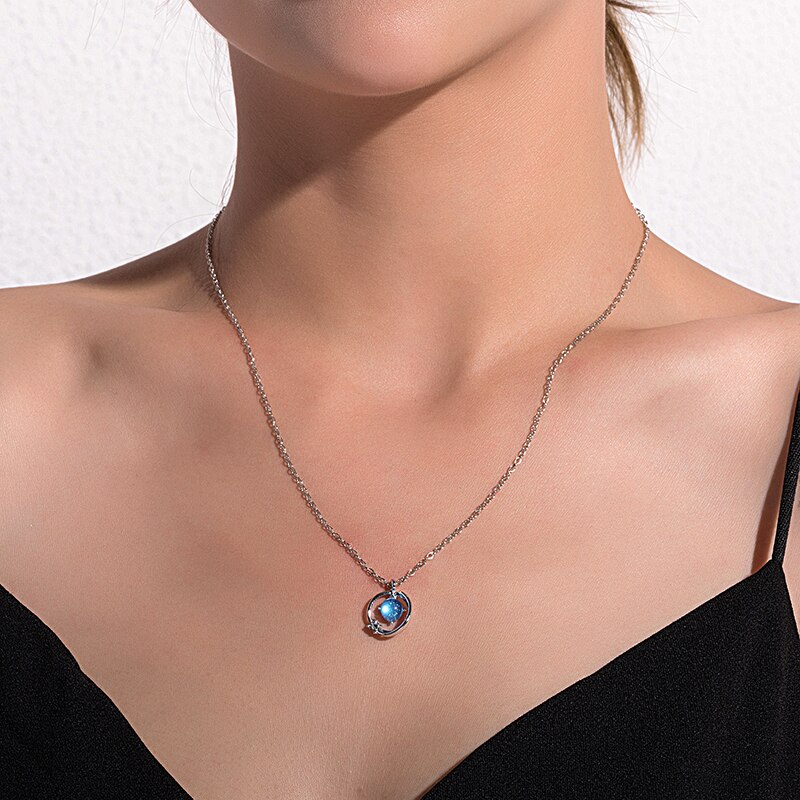 Frauen Halskette Multi Layered Mond Silber Farbe Halskette Blau Kristall Schmuck Geburtstag Party halskette für frauen: XL1465