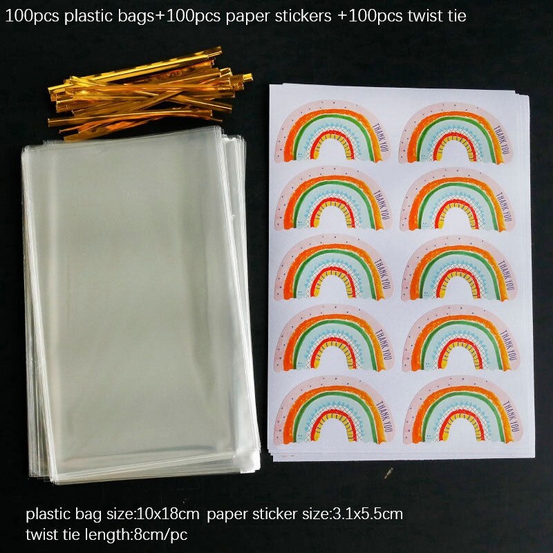 50Sets 100Sets Transparant Clear Plastic Zak Snoep Cookie Brood Toast Cellofaan Zak Met Afdichting Twistties Regenboog Sticker: 10x18cm 100sets