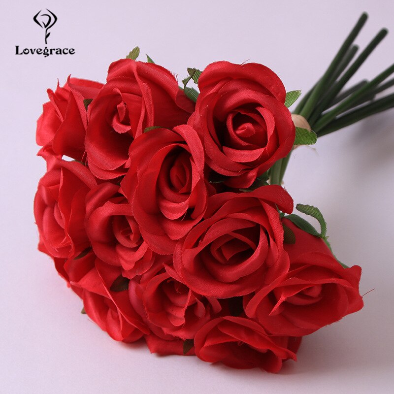Lovegrace Rose Bouquet Flower Artificial Silk 12 Heads Rose Bridesmaid Hold Flower Bouquet Champagne Pink Home Wedding Decor: red