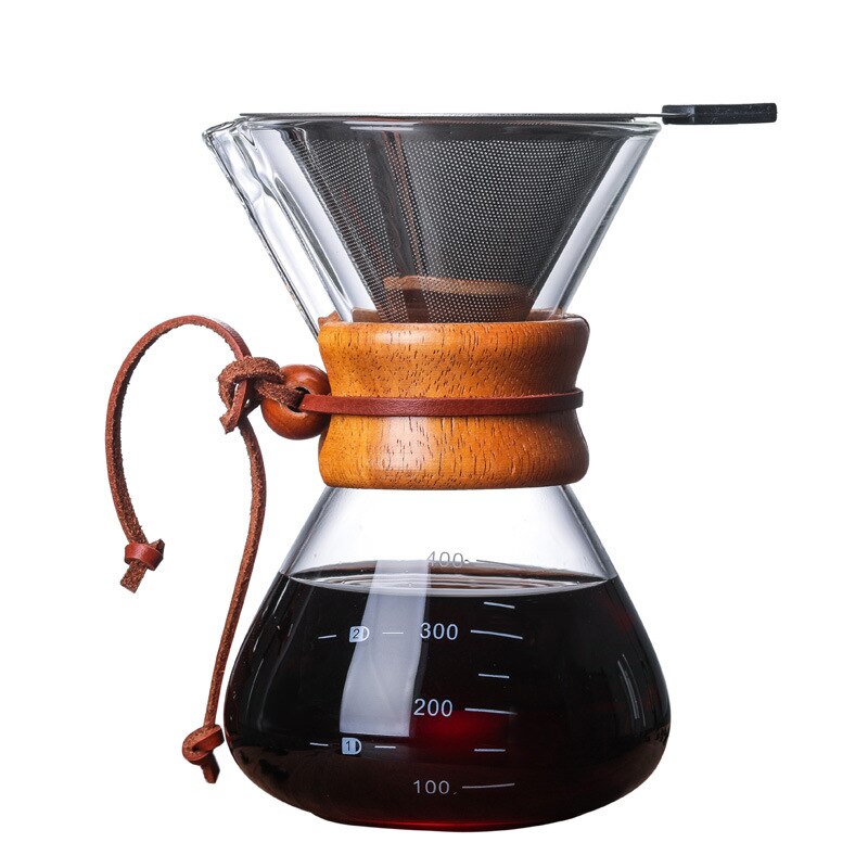 Cafetière en verre résistante avec filtre en acier inoxydable, Anti-brûlure, poignée en bois, cafetière à expresso, outils de Barista: 400ml with filter