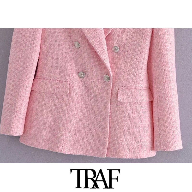 TRAF Women Double Breasted Tweed Check Blazer Coat Vintage Long Sleeve Pockets Female Outerwear Chic Veste