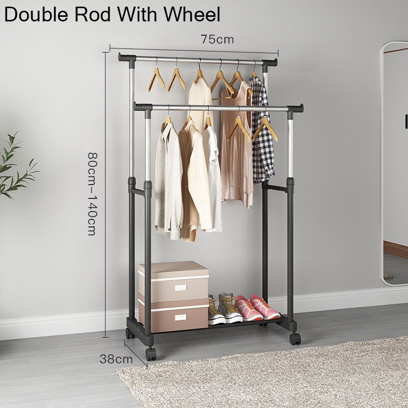 Adjustable Rolling Coat Rack Double Rod Clothes Rack Stainless Steel Hanger Floor Storage Organizer Clothing Wall Coat Racks: Double  With Wheel