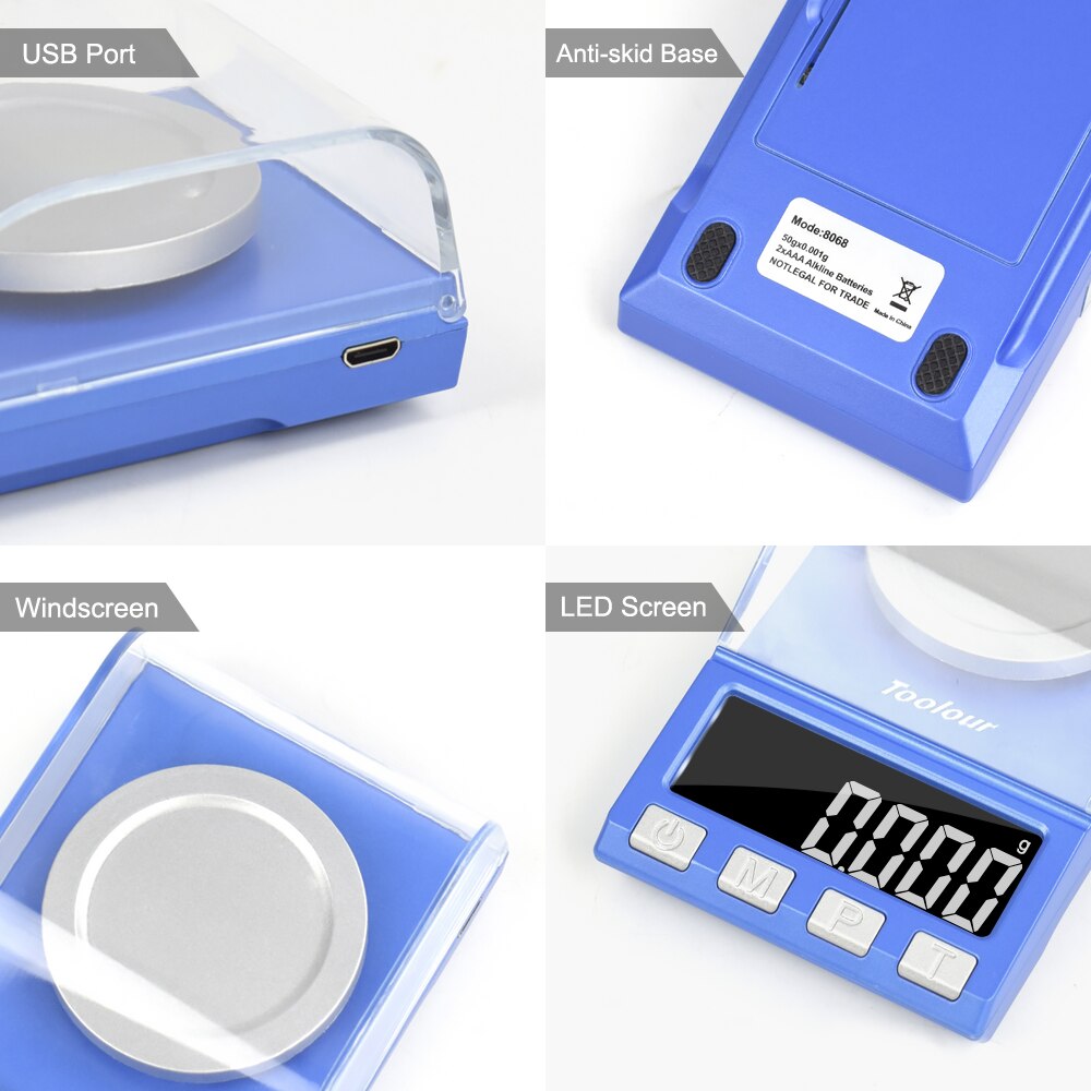 Toolour100g/50gX0.001g Mini balanza de precisión para joyería Pantalla LCD portátil Escala de peso de carga USB para el laboratorio de medicina electrónica