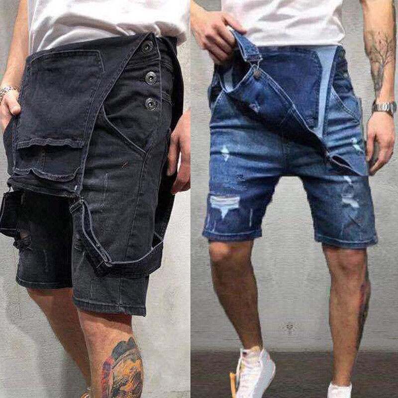 Mono vaquero rasgado a la para Hombre, Peto vaquero desgastado, pantalones cortos informales ajustados hasta la rodilla, color negro