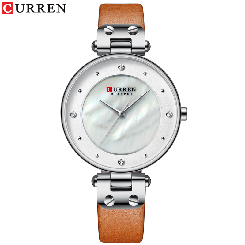 CURREN Eenvoudige Steentjes Charmant Horloge voor Dames Quartz Horloges Lederen Band Klok Vrouwelijke Horloge Dress Horloge: silver watch