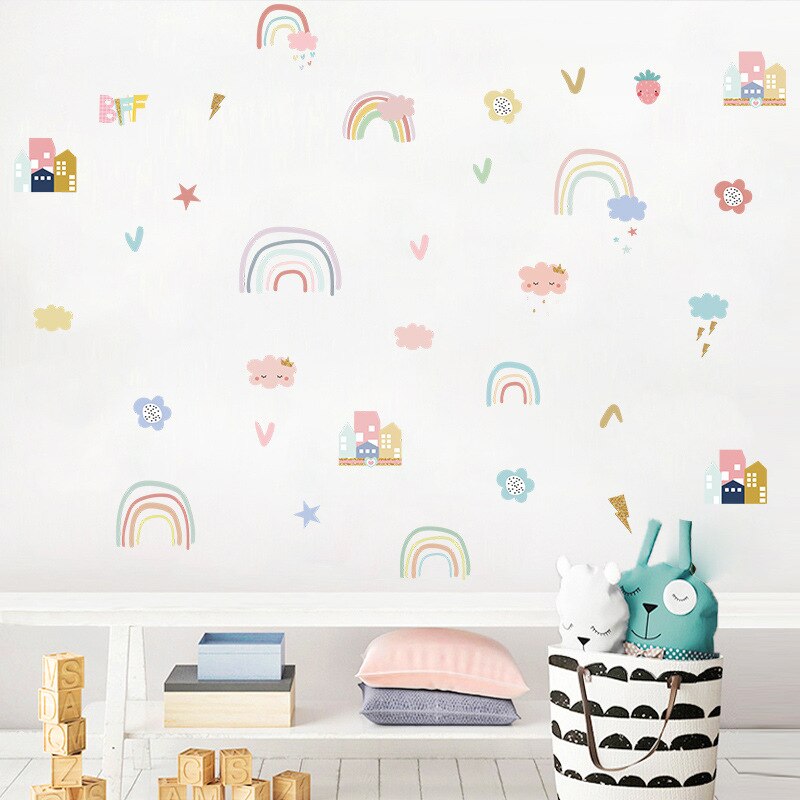 Cartoon Rainbow Cloud Wall Stickers Room Decoration Baby Nursery Bedroom Living Room Kids Rooms Decorations DIY Art Mural Poster