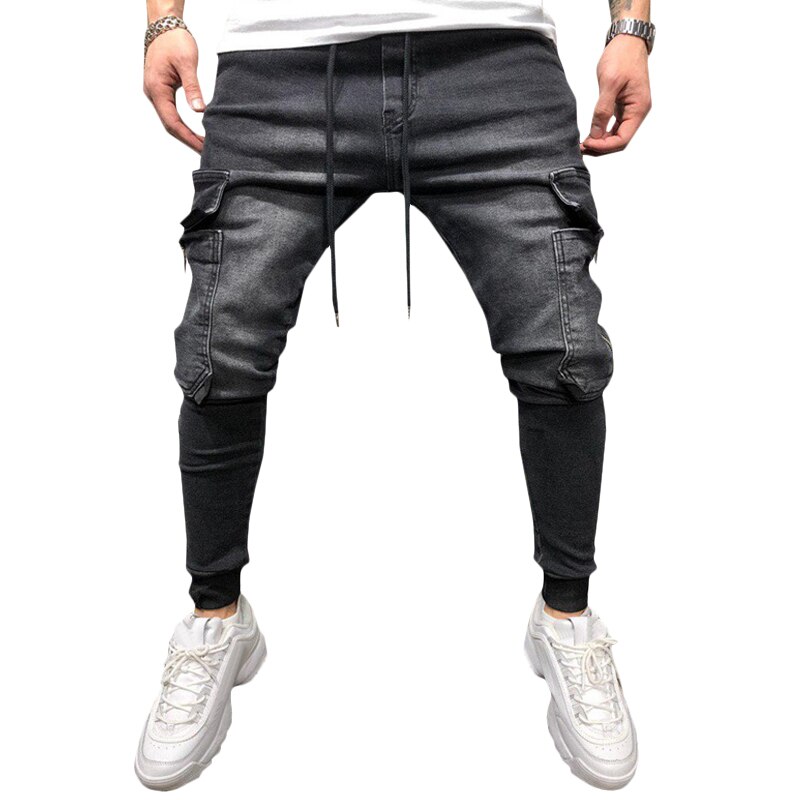 Jean homme avec poche pantalons décontractés jean pour homme vêtements Hip Hop sarouel jean homme pantalon de sport Joggers # w: black / M