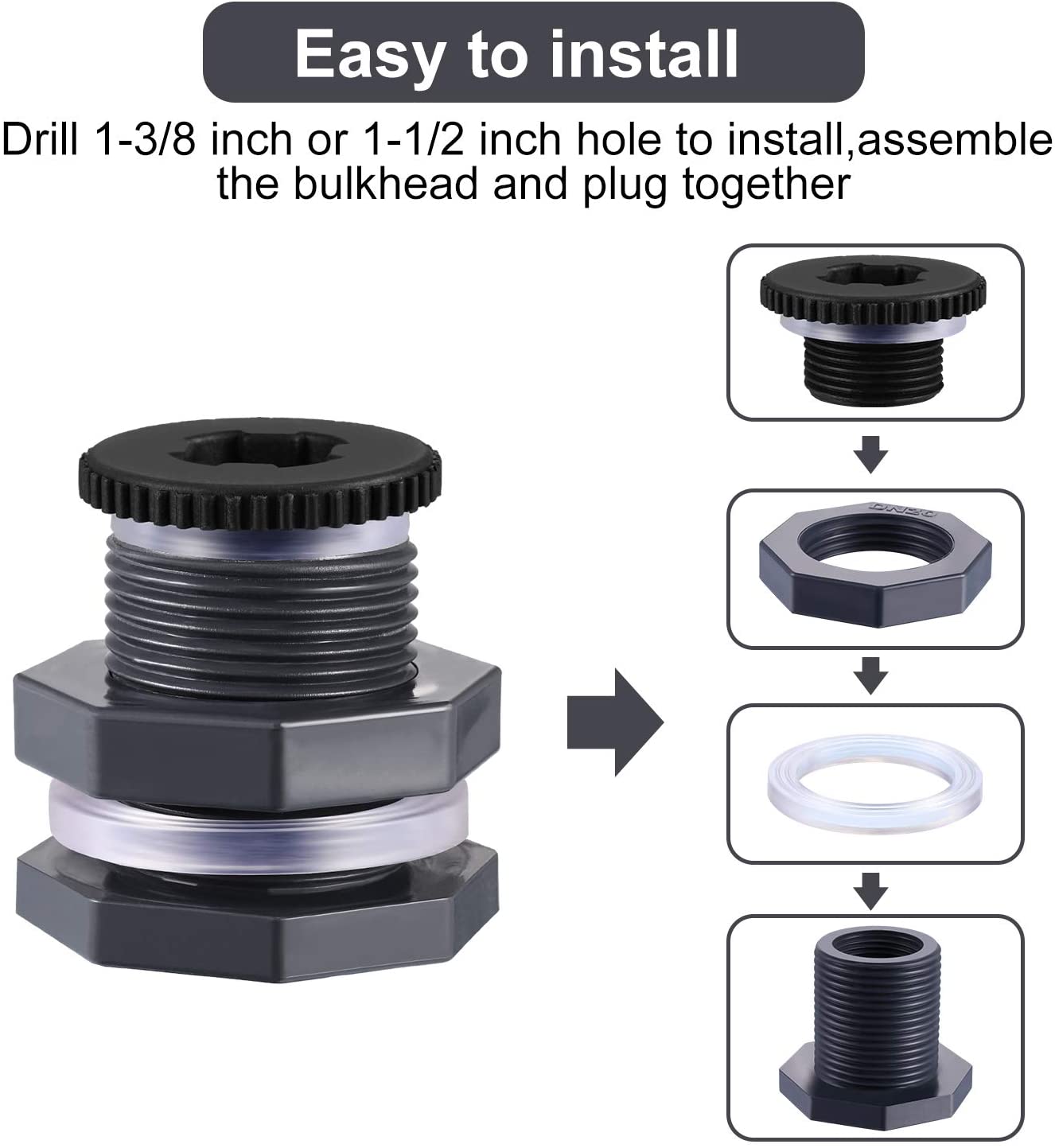2 Pcs PVC Bulkhead Fitting with Plugs for Rain Barrels,Water Tanks, Tubs, Pools (3/4 Inch+4 mm Thick Silicon Seal Gaskett)