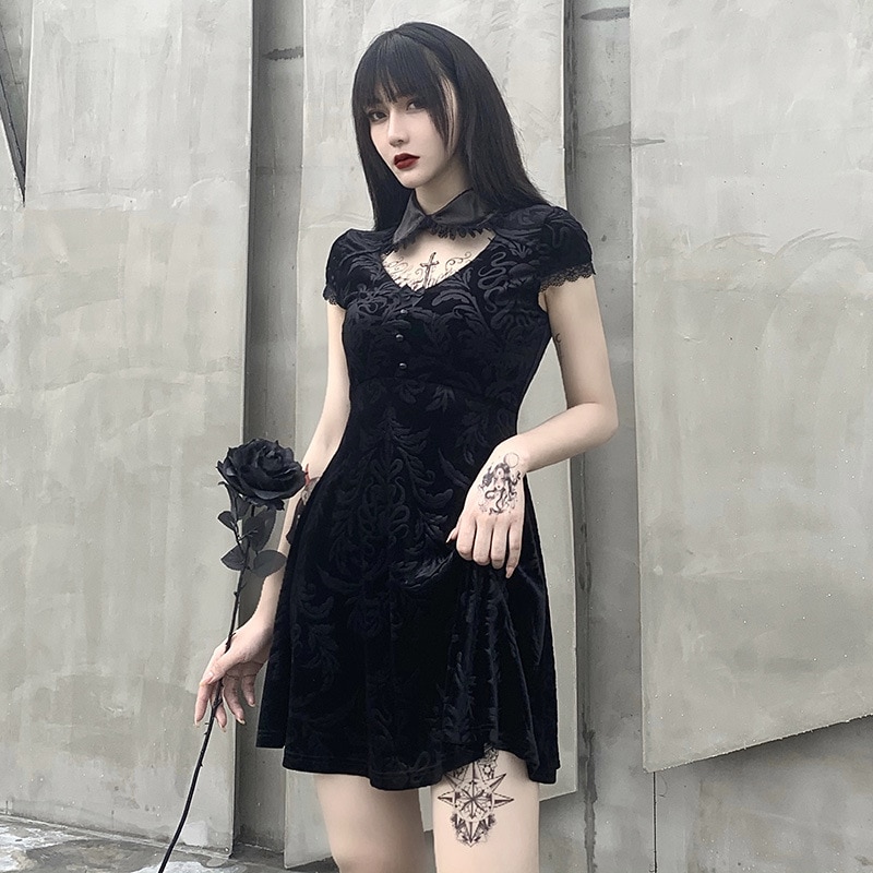 Mini robe noire gothique lolita, rétro Harajuku, – Grandado