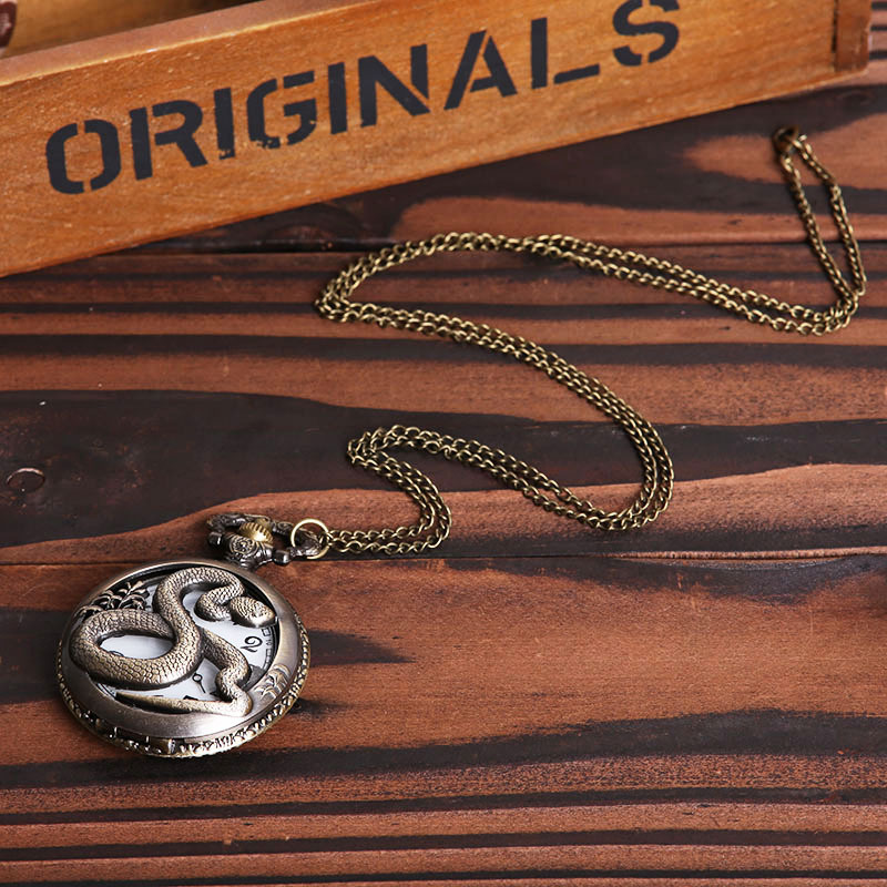 Classic pattern large clamshell thin chain pocket watch shell hollow embossed 12 Zodiac snake figure pocket watch