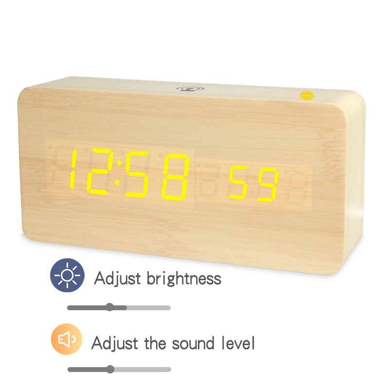 Led digital de madeira despertador app controle tempo temperatura data eletrônico desktop relógio usb bateria brilho controle de som