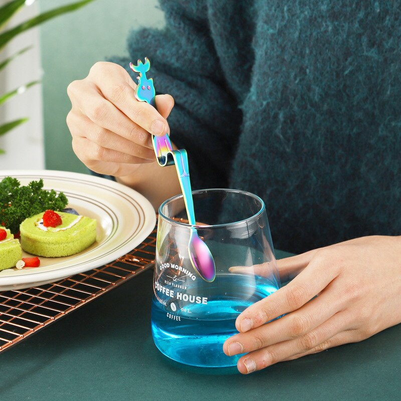 3pcs set, colorful stainless steel coffee spoons, deer family , Christmas deer family tea spoon, hang-on cute funny spoon