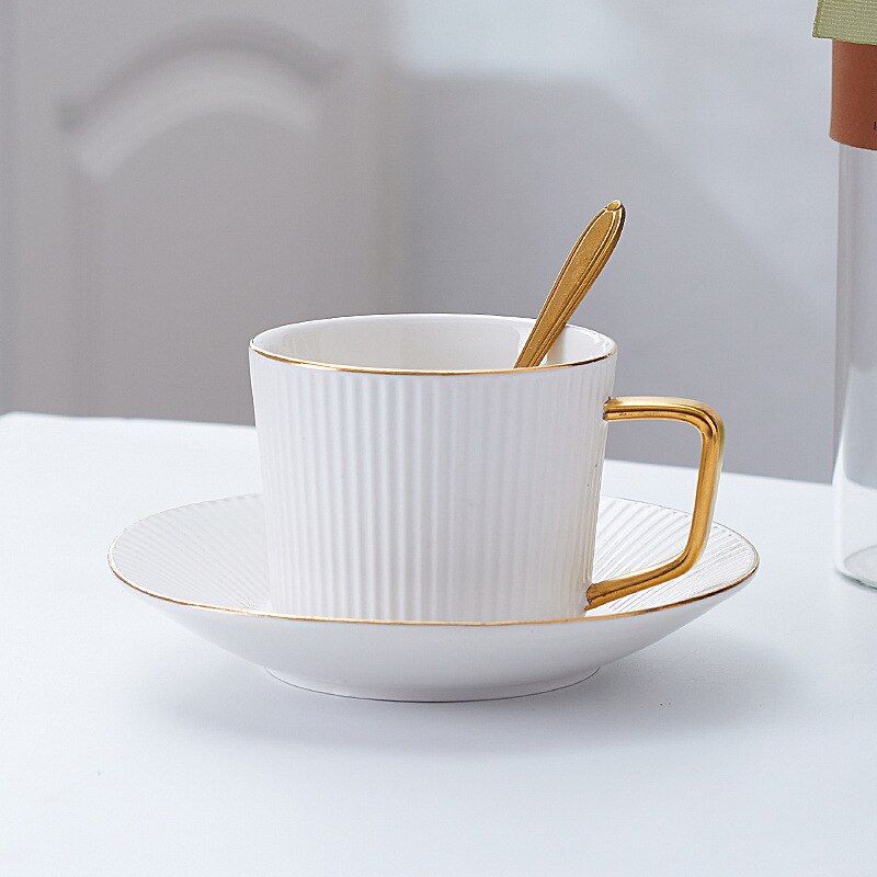 Taza de café de pareja creativa de , taza con asa dorada, Taza de cerámica a rayas, plato, Taza de cerámica, taza de té, de Viaje Taza, café: Beige