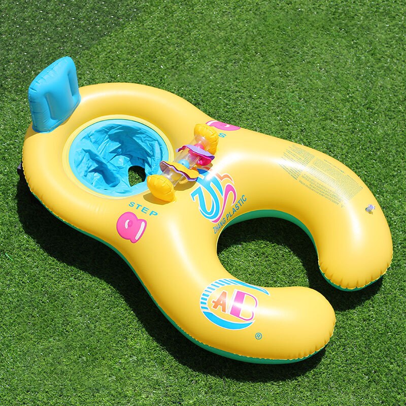 Inflatable Children&#39;s Swimming Ring Mother-child Circle With Bell Shade Parent-child Double Interactive Swimming Ring Thickened: yellow