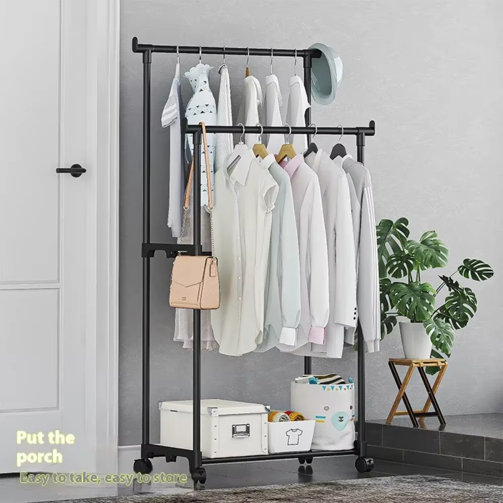 Kleiderständer, doppelstange, beweglicher, bodenstehender Schlafzimmer-KleiderbüGel mit Haken, hängender Kleiderorganisator und Rollen