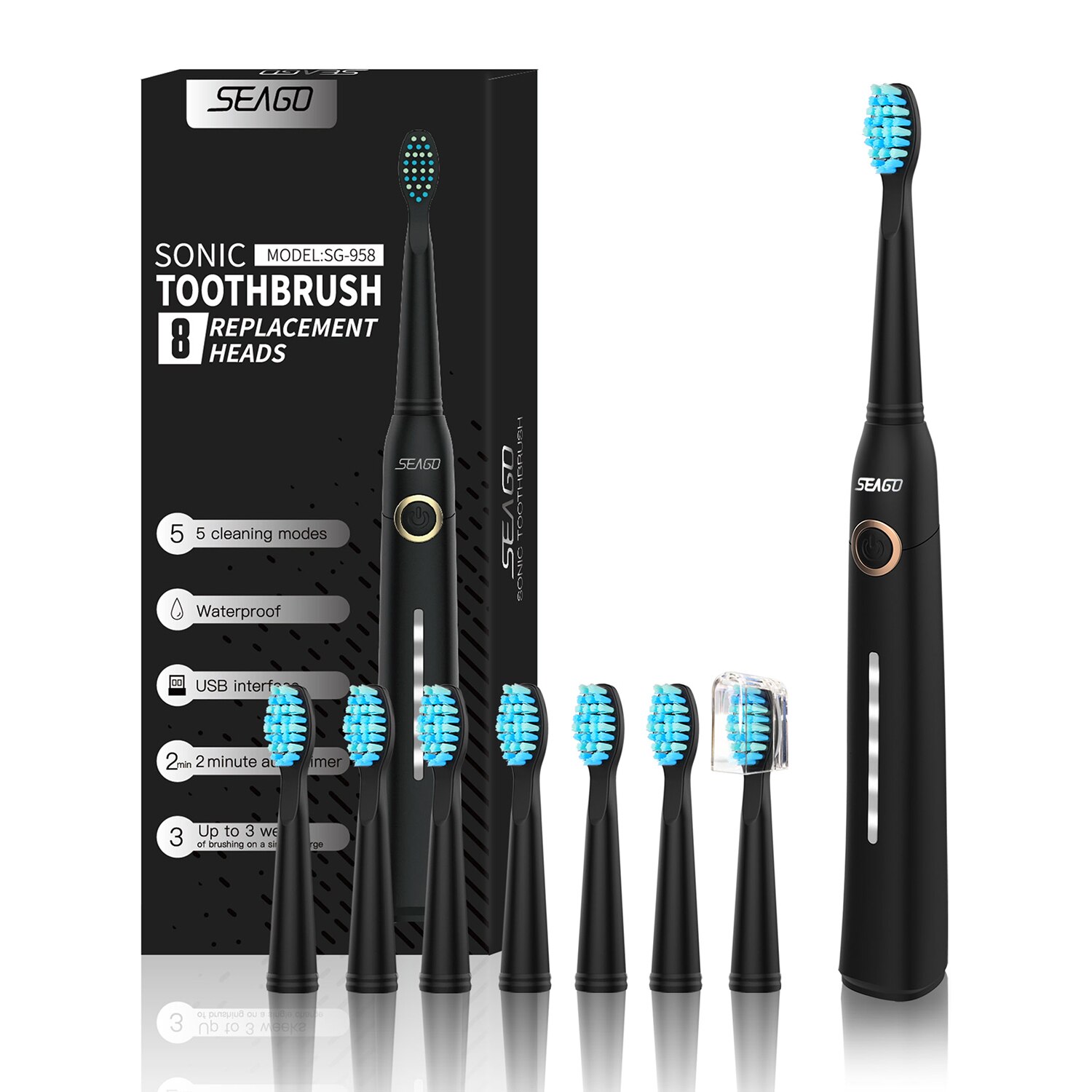 Seago Sonic Electric Toothbrush Tooth brush USB Rechargeable adult Waterproof Ultrasonic automatic 5 Mode with Travel case: black 8 heads
