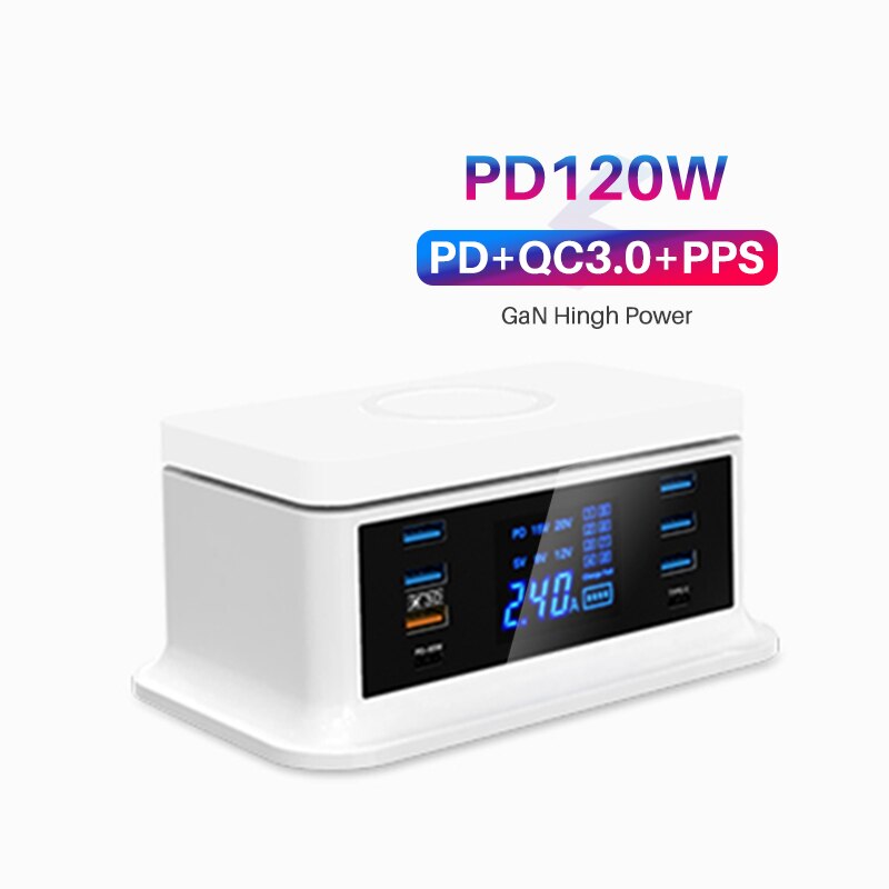 120w usb-anschlüsse,  pd 65w schnellladegeräte, 3.0 adapter-hubs 8 kabellose ladestation mit pd-schnellladefunktion für macbook pro, lenovo und iphone: Au-stecker / 120w ladegerät