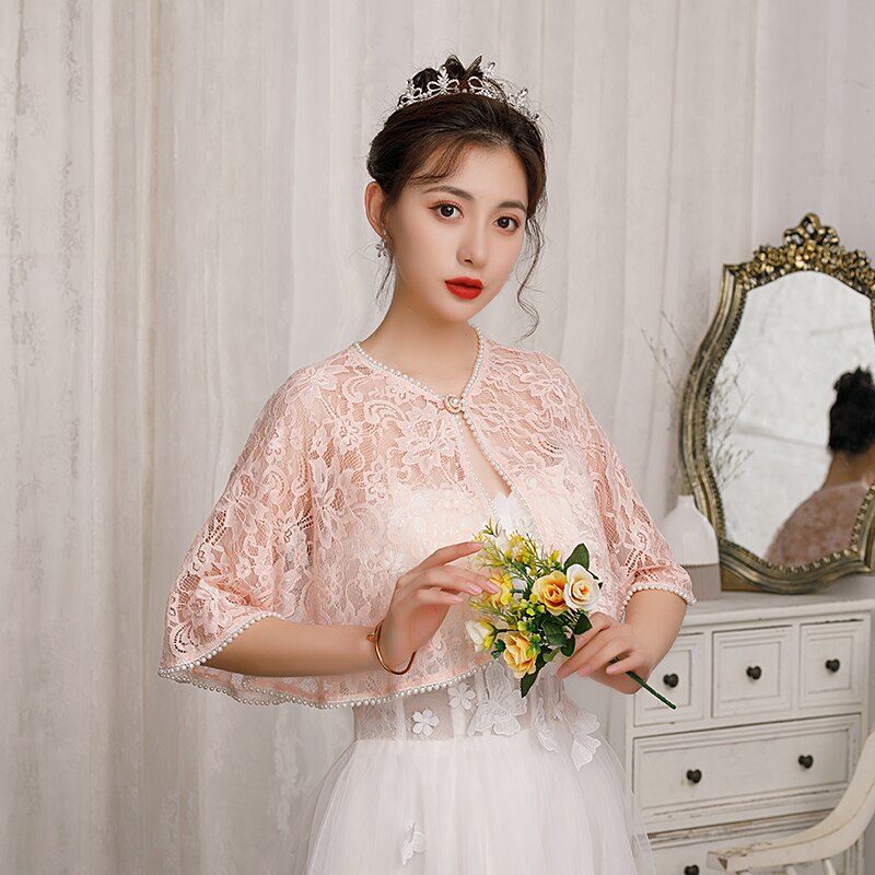 Women Lace Jacket Evening Wraps Bridal Wedding Party Bolero Pears Beaded With Brooch: Pink