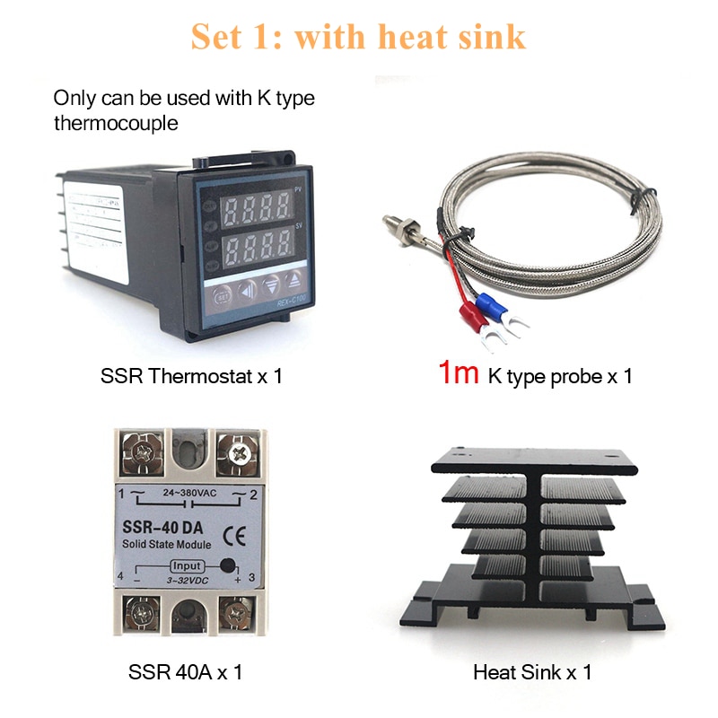 REX-C100 Digital PID Temperature Controller REX C100 40DA Relay SSR Output Thermostat Kit + K Thermocouple Probe / Heat Sink