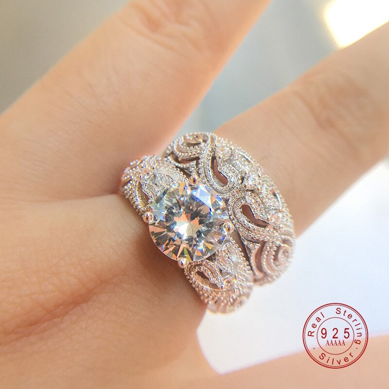 White CZ Stone Ring Sets Silver Color Hollow Out Rings Wedding For Women Couple Ring For Lover Accessories
