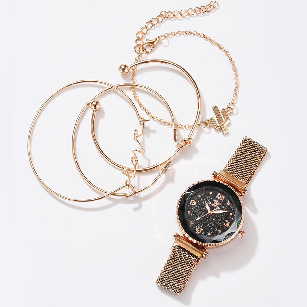 5 pièce/ensemble de luxe femmes montres ciel étoilé aimant boucle Bracelet montre-Bracelet chiffre romain Simple horloge